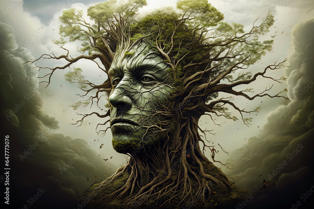 Generative AI illustration of man in front of a big tree, sustainable forest Generative AI illustration of man in front of a big tree, sustainable forest
