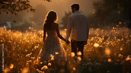 Happy happiness marry couple lover young couple having fun Couple holding hands on a golden field in wheat field sunset summertime joyful moment photo