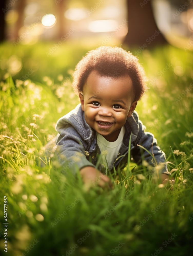 Baby boy is playing in grass with smile on his face. Baby boy is playing in grass with smile on his face.