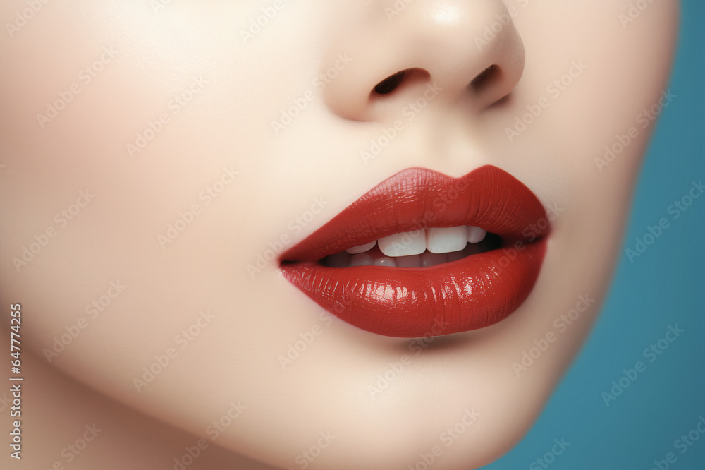 Fototapeta premium Close up of a young womans lips and jawline, red pouty lips, make up