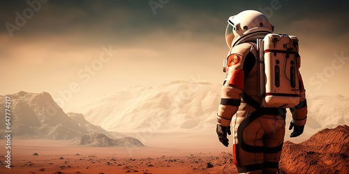 Astronaut or red spaceman standing on a red planet