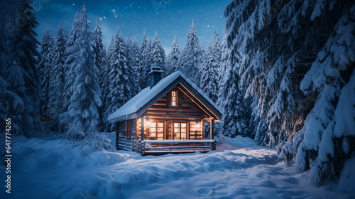 Winter cabin nestled amidst a snowy forest with Night snowfall on old cottage in woods.