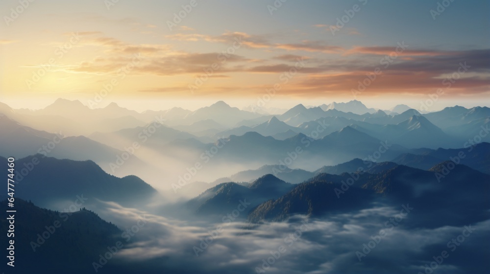 a mountain range cloaked in mist and mystery at dawn. 