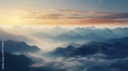 a mountain range cloaked in mist and mystery at dawn.  © Jigxa