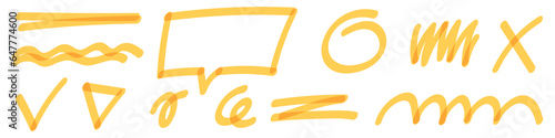 Brush and yellow highlight with marker pen, underline and line elements. Flat vector illustrations isolated in background.