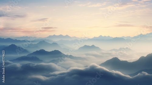 a mountain range cloaked in mist and mystery at dawn.  © Jigxa