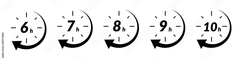 Hour icon with 6 and 7 clock formats, for 9h or 8h fast delivery and special day sales. Includes timer, arrow, and open effects. Flat vector illustrations isolated in background. Hour icon with 6 and 7 clock formats, for 9h or 8h fast delivery and special day sales. Includes timer, arrow, and open effects. Flat vector illustrations isolated in background.