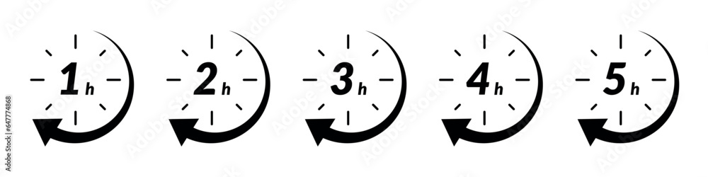Fast delivery time icon with clock and arrow. for sale, offer, and discount logos. Features 2, 3, 4, and 5-hour marks in circle. Flat vector illustrations isolated in background. Fast delivery time icon with clock and arrow. for sale, offer, and discount logos. Features 2, 3, 4, and 5-hour marks in circle. Flat vector illustrations isolated in background.