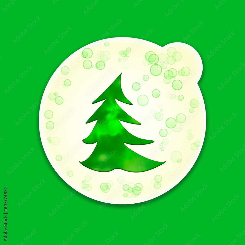 Speech bubble sig green Christmas tree in a glass circle surrounded by bokeh glow Speech bubble sig green Christmas tree in a glass circle surrounded by bokeh glow
