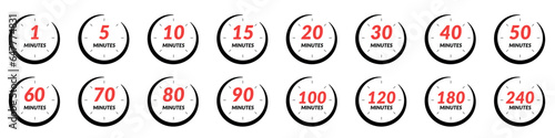 Clock icon with 5, 15, and 30-minute timer marks, stopwatch and chrono functionalities. for countdowns and time management. Flat vector illustrations isolated in background. photo