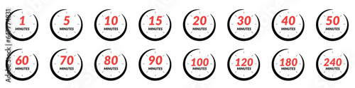 Clock icon with 5, 15, and 30-minute timer marks, stopwatch and chrono functionalities. for countdowns and time management. Flat vector illustrations isolated in background.