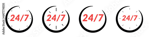 24/7 customer support icon with clock. around the clock service, open hours, and emergency hotline. for call center, work. Open day and night. Flat vector illustrations isolated in background.
