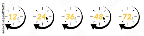 Hour icon with 12 and 24 clock formats, for 48h or 72h fast delivery and special day sales. Includes timer, arrow, and open effects. Flat vector illustrations isolated in background.