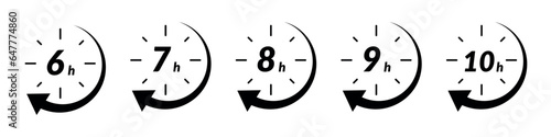 Hour icon with 6 and 7 clock formats, for 9h or 8h fast delivery and special day sales. Includes timer, arrow, and open effects. Flat vector illustrations isolated in background.
