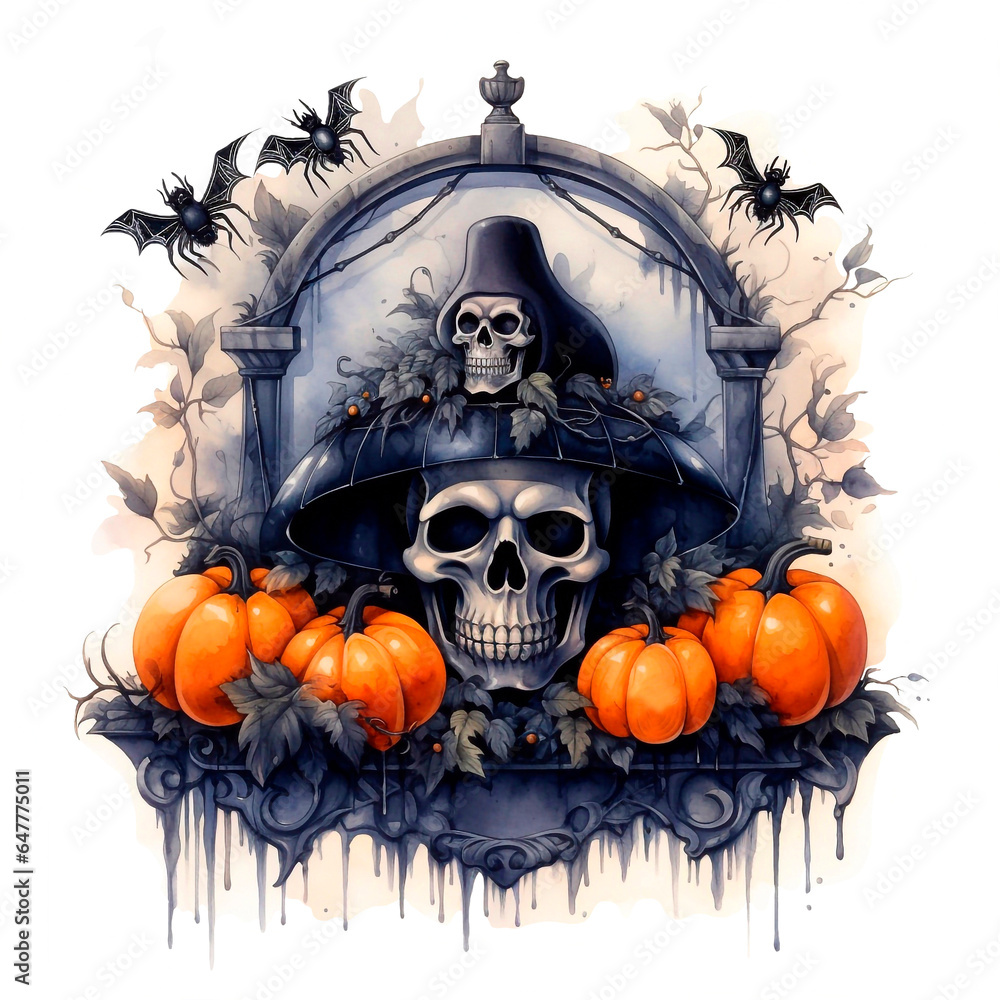 Creepy Halloween skull with pumpkins on transparent background