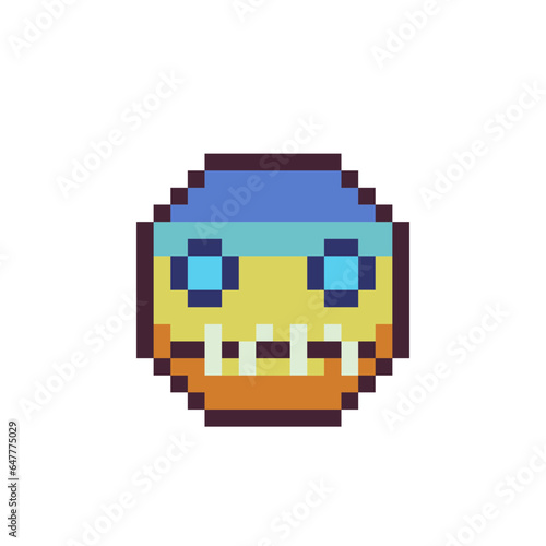 Sewn up mouth face, rainbow smiley, emoticon, head cartoon character. 8-bit style. Show language emotion. Flat style. Isolated abstract vector illustration.