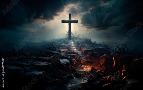Foto Christian Cross on top of a devastated land on dark stormy day
