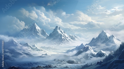 a mountain range covered in a fresh blanket of snow. 