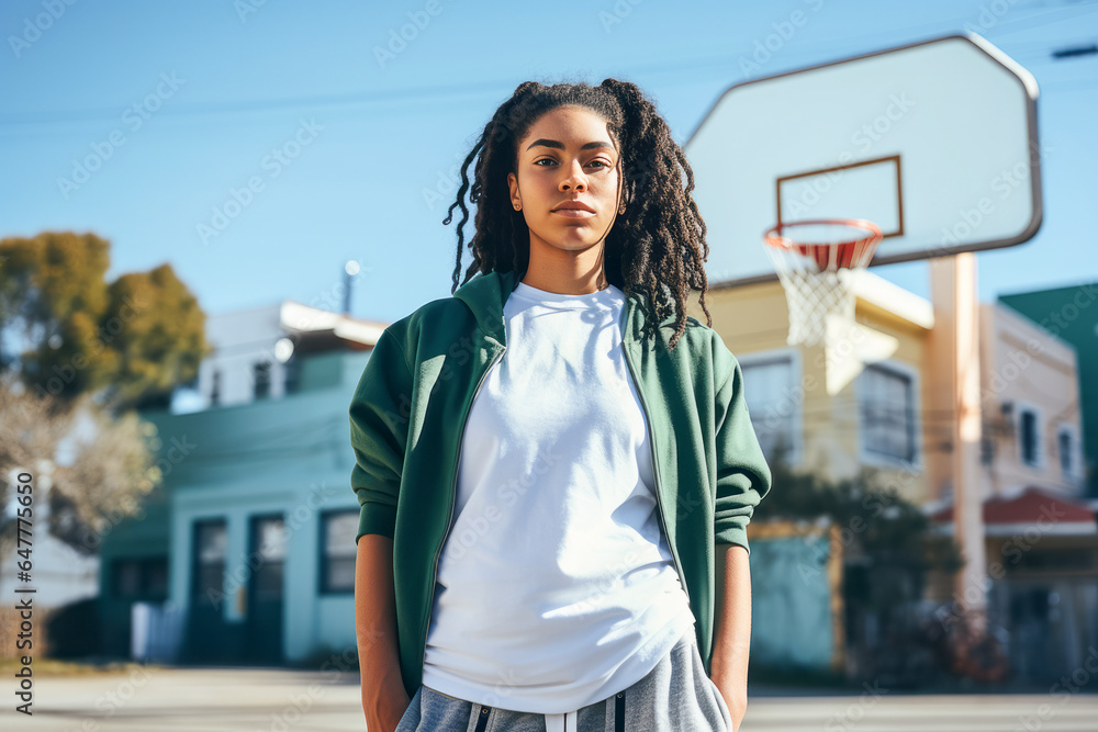 Obraz premium Young black female with afro hairstyle looking at camera while standing in basketball ground.