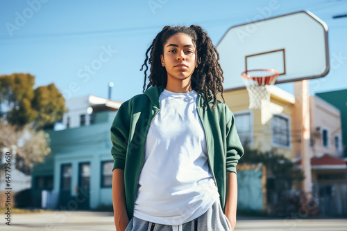 Young black female with afro hairstyle looking at camera while standing in basketball ground.