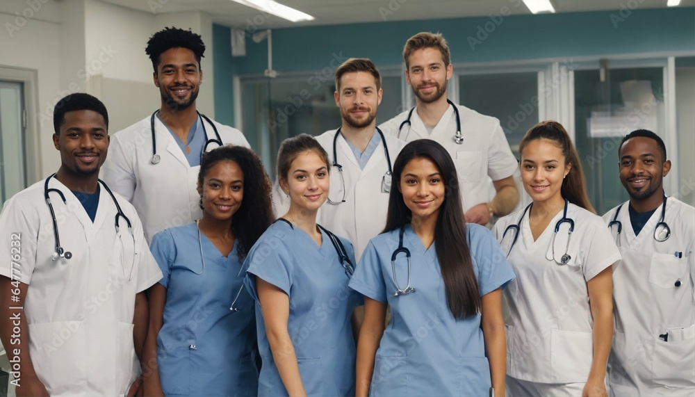 Doctor intern in scrubs - young nursing student with team in hospital, medical training Doctor intern in scrubs - young nursing student with team in hospital, medical training