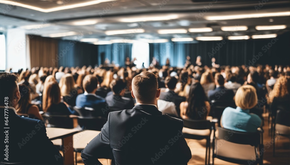 Fototapeta premium Training concept in business symposium with speaker on stage and audience sitting in lecture hall viewed from behind