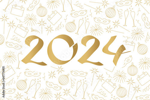 Canvas Print 2024 New Year Eve on golden pattern with champagne glasses, fireworks, sparklers