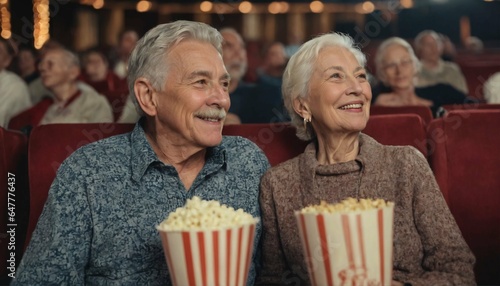 Movie theatre enjoyment for an embraced senior couple
