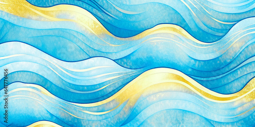Ocean waves sunny beach seascape cartoon watercolor, blue and yellow background, wavy texture backdrop for copy space text. Happy teal sun and pool wave, summer sky abstract painting mobile web banner © Vita