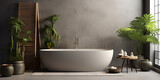  a gray bathroom is decorated with plants and a bathtub
