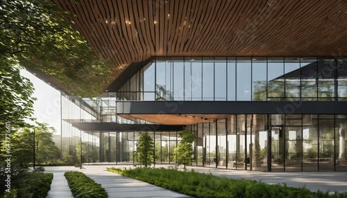 Green environment and trees in sustainable building  Eco-friendly glass office design