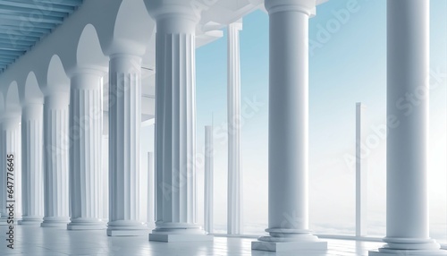 Tilted columns in beautiful airy widescreen  minimalistic white and light blue architectural background banner