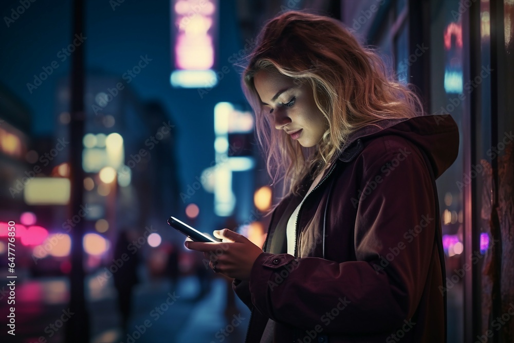 Amidst the neon lights of a nighttime cityscape, a woman engages with a mobile app on her phone.
