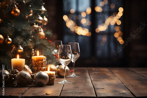 Christmas wooden table mockup with christmas-tree  balls  candles  glasses and lights background. Festive template banner with creative bauble decoration and copy space.