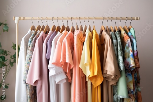  Modern men's bright color spring, summer capsule wardrobe with different t-shirts on creamy background. Building stylish wardrobe, seasonal capsule for easy dressing, order in things concept