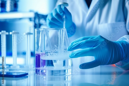 A dedicated scientist in a laboratory meticulously analyzes a blue substance within a beaker, contributing to medical research for pharmaceutical discovery and the advancement of biotechnology in heal