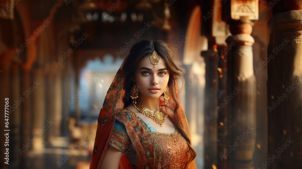 Portrait of beautiful indian girl in traditional Indian costume with kundan jewelry.