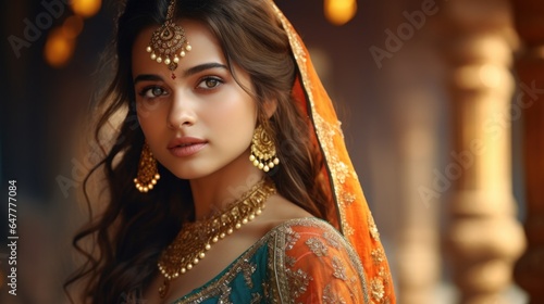 Portrait of beautiful indian girl in traditional Indian costume with kundan jewelry.