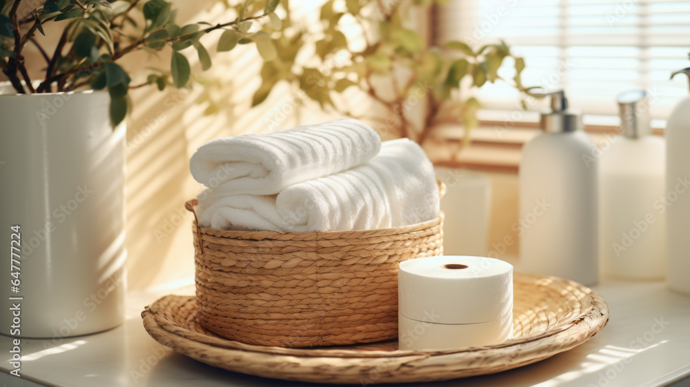 Basket with paper rolls on ceramic toilet bowl in modern bathroom.generative ai