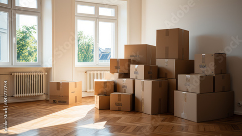 photograph of Boxes in new apartment. telephoto lens daylight white generative ai © LomaPari2021