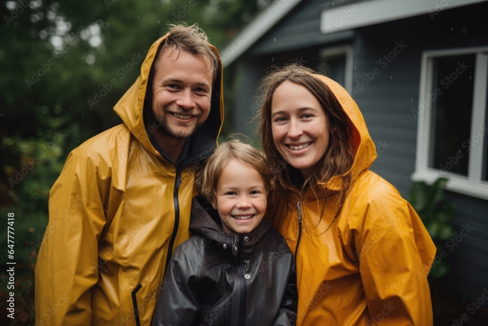 Young happy caucasian family outside in the rain smiling wearing raincoats