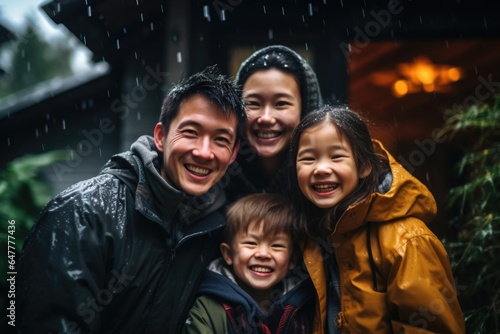 Young happy asian family outside of their home in raincoats during rain