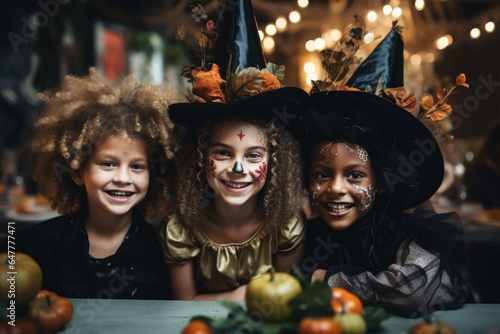 Young and diverse group of kids in halloween costumes on halloween