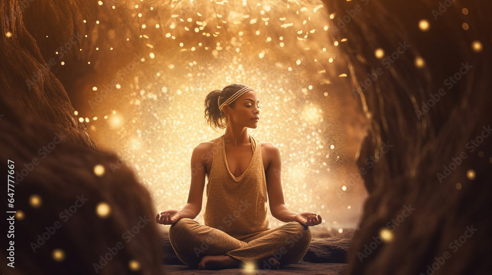 Casual young woman meditating in a magical environment filled with golden light and sparkles Casual young woman meditating in a magical environment filled with golden light and sparkles