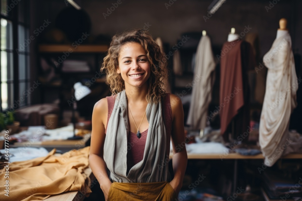 Young happy female caucasian fashion designer in a Atelier