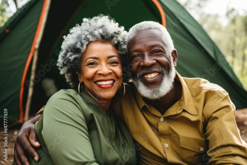 Happy senior african american couple camping in a forest with a tent © Geber86