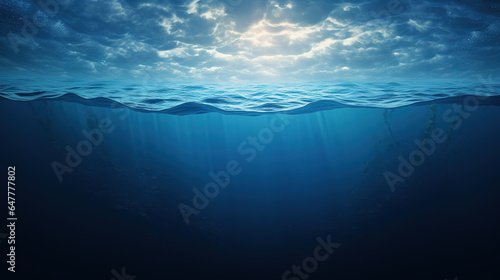 Sunlight shining through calm blue water of a deep sea. Cross section of a quiet underwater landscape with ripples on the surface of water.
