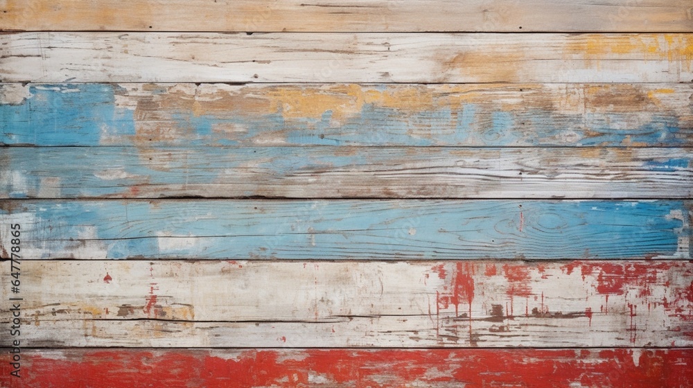 Texture of vintage wood boards with cracked paint of white, red, yellow and blue color. Horizontal retro background with wooden planks of different colors See Less - obrazy, fototapety, plakaty 