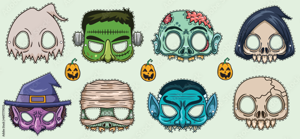 Scary and Funny Halloween Masks Vector Set, Skull Witch and Mummy Spooky Face Masks Halloween Background Scary and Funny Halloween Masks Vector Set, Skull Witch and Mummy Spooky Face Masks Halloween Background