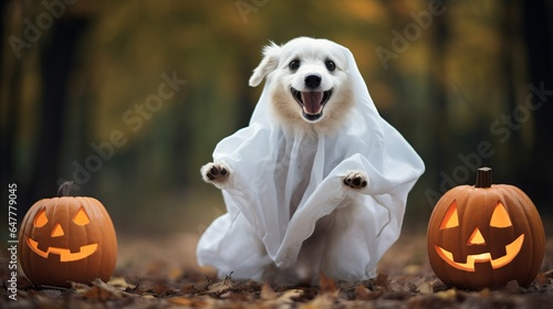 Dog wear ghost costume for halloween